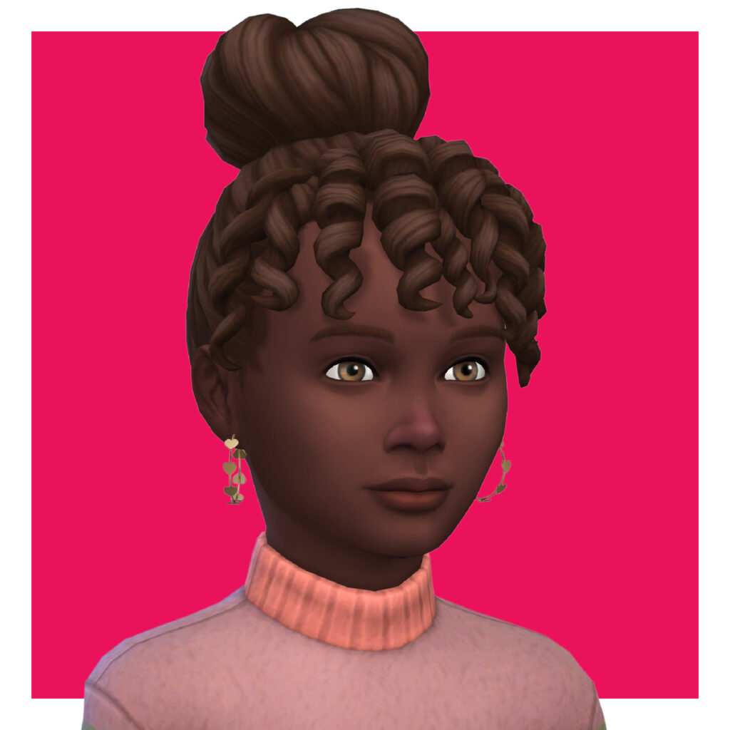 Un sim avec les cheveux bruns attachés en chignon avec des franges bouclées. Leurs boucles d'oreilles sont une paire de boucles d'oreilles hoop sims 4 cc avec des cœurs tout autour d'elles.