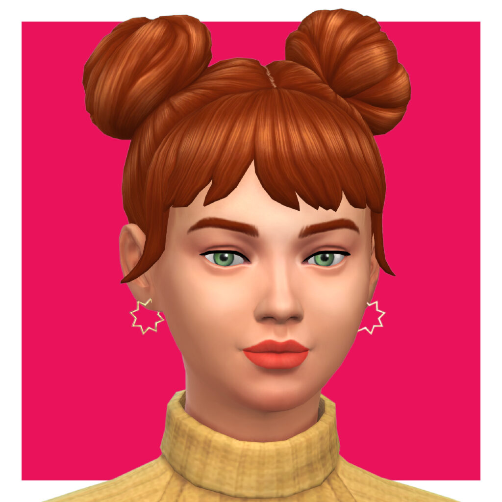 Un Sim aux cheveux roux et aux yeux verts qui porte une paire de boucles d'oreilles en forme d'étoile explosante.