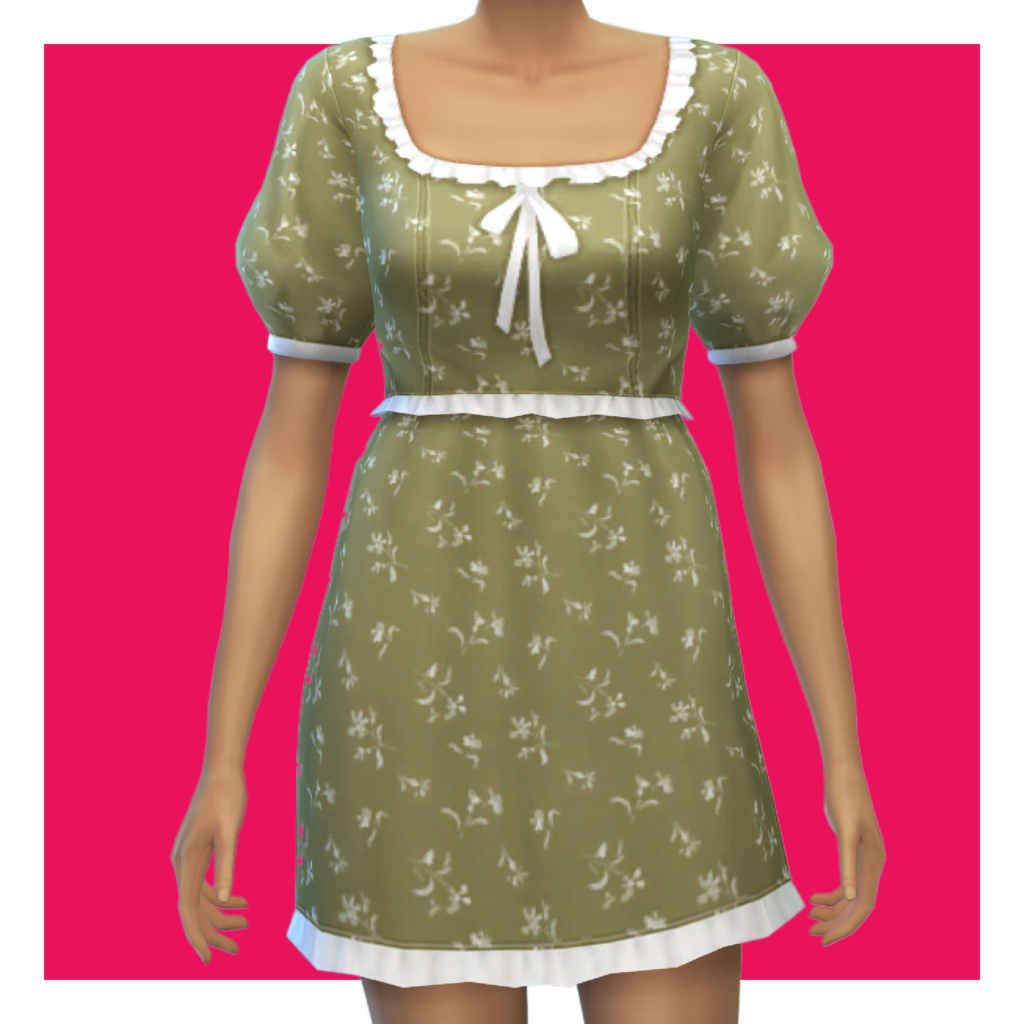Un sim sur un fond rose portant une robe verte olive avec des motifs floraux blancs et une garniture volantée blanche.