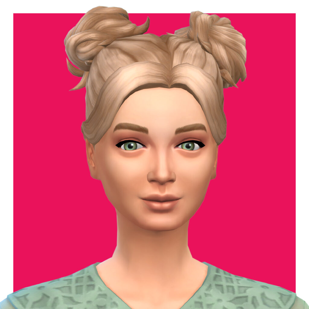 Un sim avec les cheveux blonds en deux chignons sur le dessus de la tête de chaque côté. Leurs cheveux ont des franges qui vont vers l'oreille.