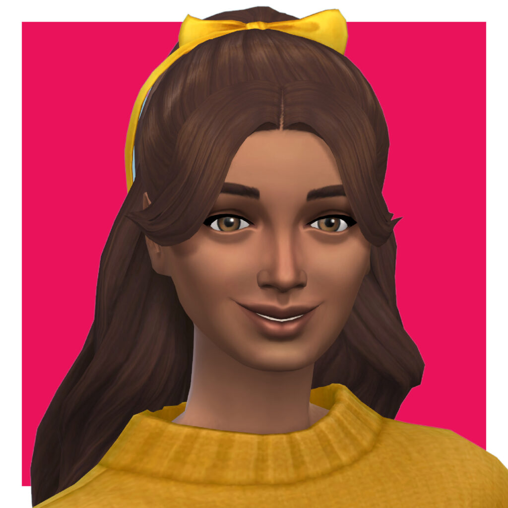 Un Sim portant une chemise jaune et un nœud jaune dans les cheveux. Les cheveux ont des franges qui encadrent le visage et se dirigent vers l'oreille.