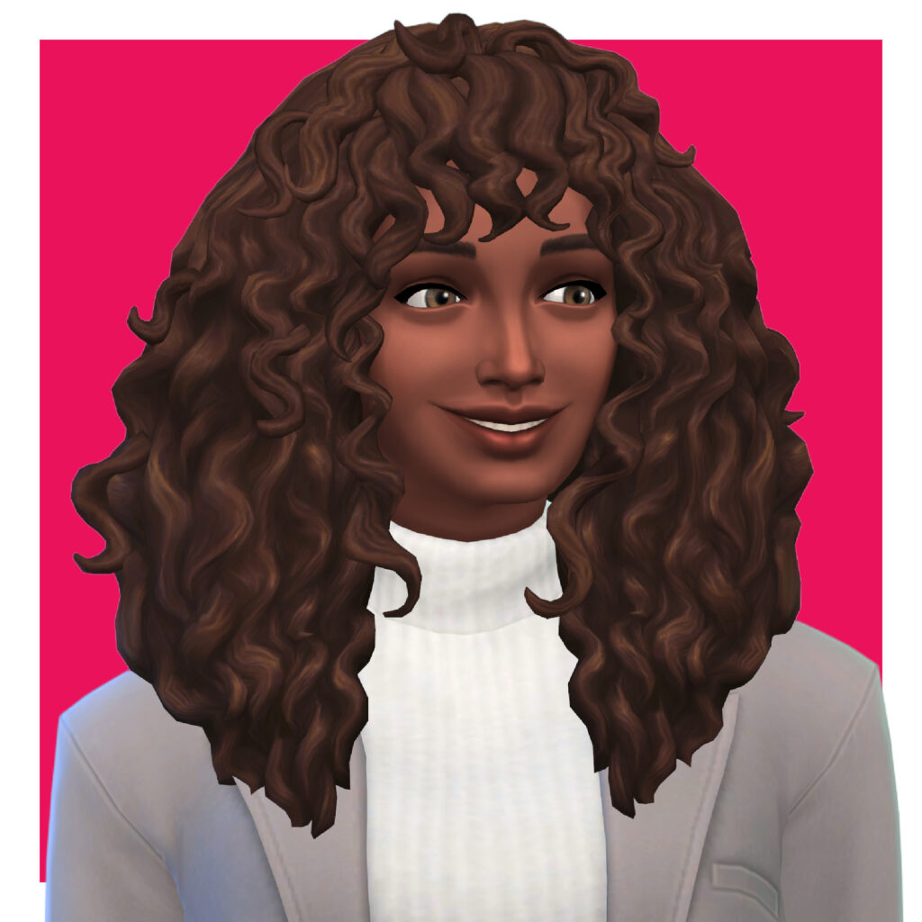 Un sim avec des cheveux bouclés et une frange bouclée. Ils portent un col roulé blanc et un blazer gris.