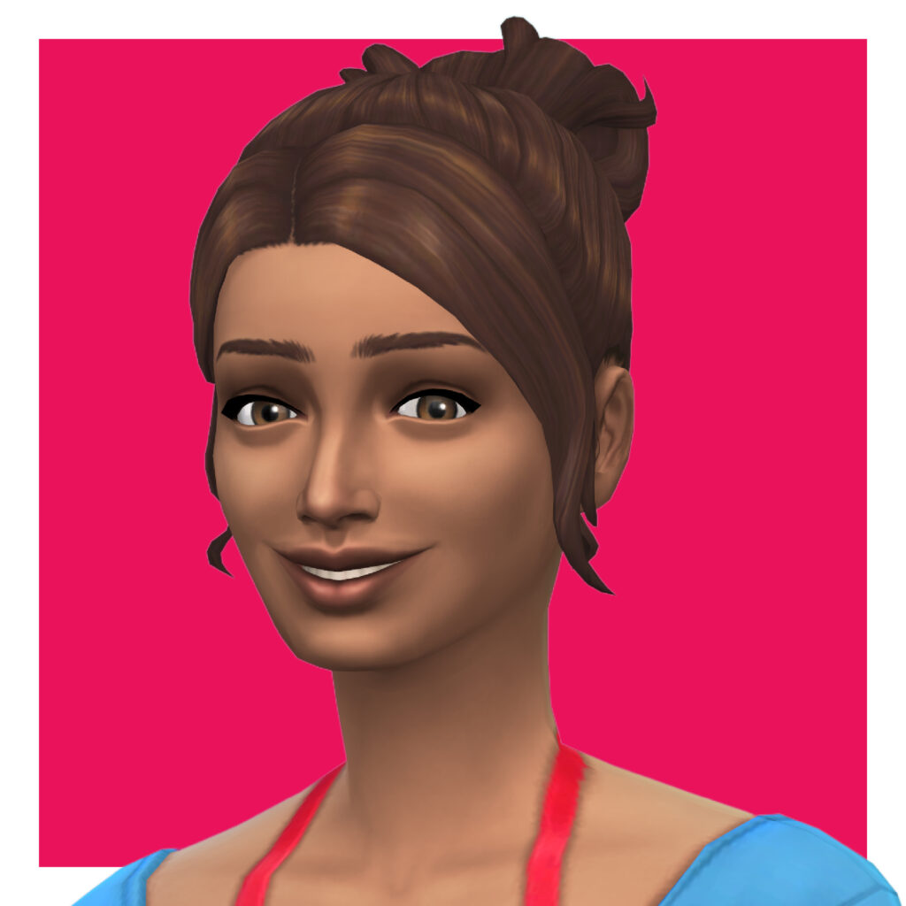 Un sim qui porte un haut de maillot de bain rouge sous une couverture bleue. Ses cheveux bruns sont attachés en un chignon avec ses franges dégagées.