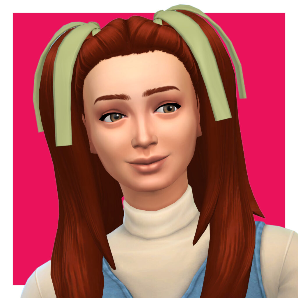 Une sim portant un pull à col roulé beige sous une robe en jean. Ses cheveux sont attachés en deux couettes hautes avec des rubans verts.