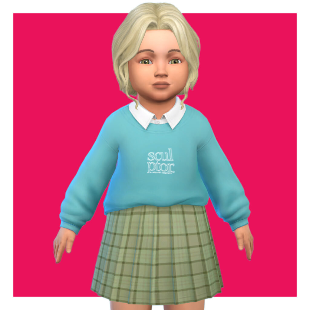 Un tout-petit de The Sims 4 sur un fond rose vif. Ce sim porte des vêtements cc de sims 4 qui sont une chemise à col sous un pull avec une jupe à carreaux.