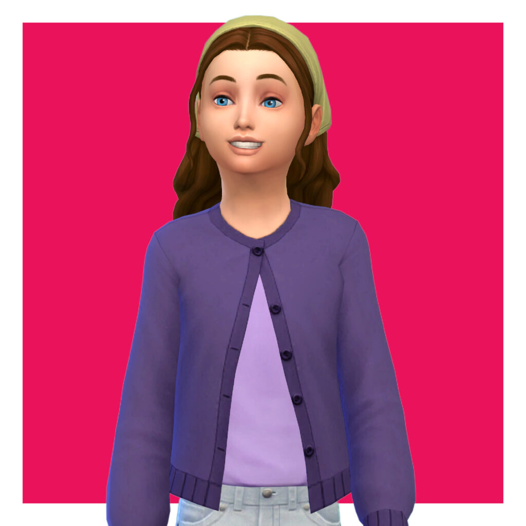 Un enfant des Sims 4 sur un fond rose vif. Cet enfant porte un bandana vert sur ses cheveux bruns ainsi qu'un cardigan violet sur une chemise plus claire.