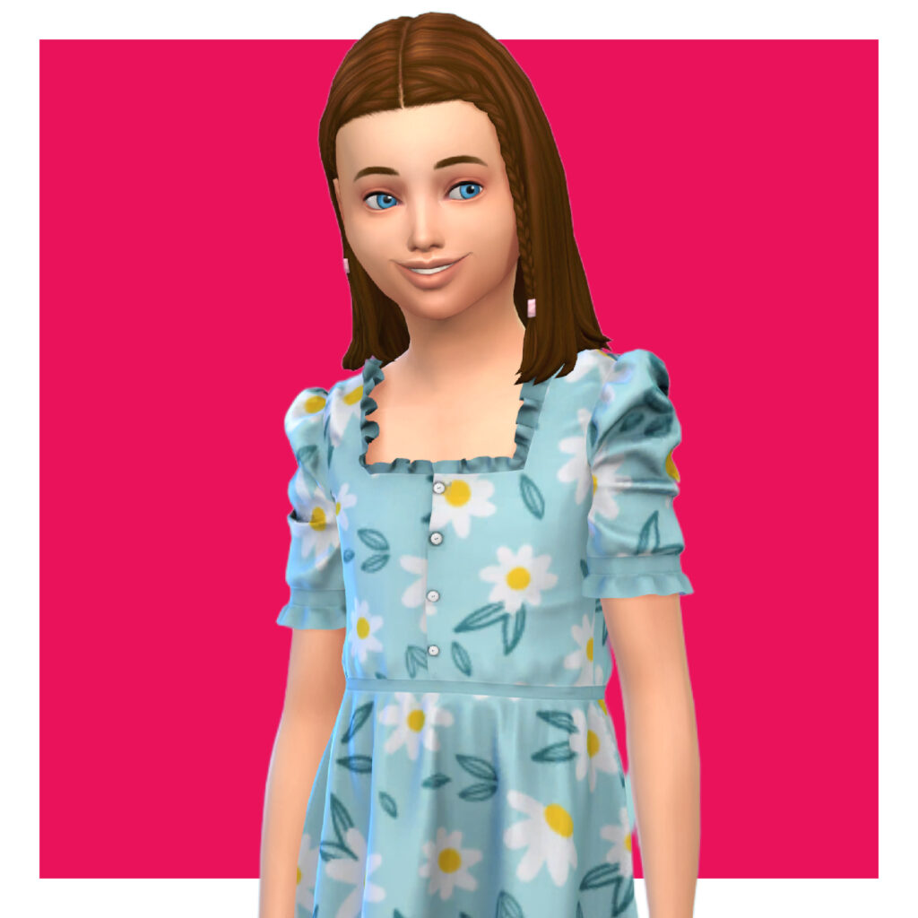 Un enfant de Les Sims 4 sur un fond rose vif. Ce sim a les cheveux bruns attachés en tresses et porte une robe bleu clair couverte de marguerites.