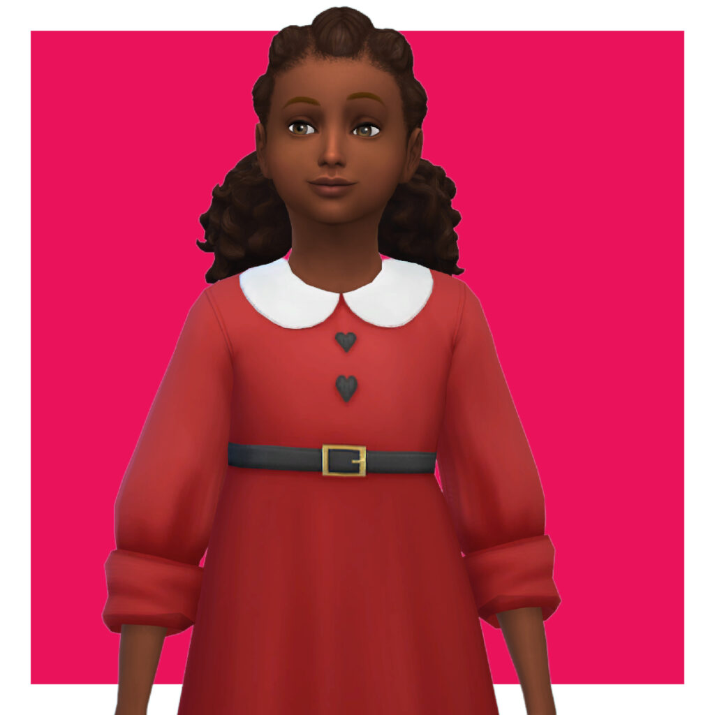 Un enfant des Sims 4 sur un fond rose vif. Ce sim porte une robe rouge à manches longues avec un col Claudine blanc et une ceinture.