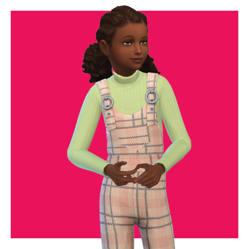 Un enfant des Sims 4 sur un fond rose vif. Pour leurs vêtements cc des Sims 4, ils portent un pull vert sous une salopette en carreaux pêche.