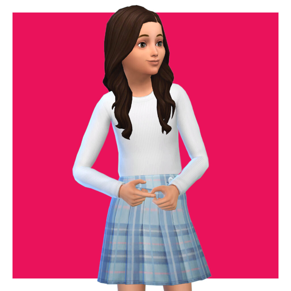 Un enfant des Sims 4 sur un fond rose vif. Ce sim a des cheveux bruns et porte une jupe à carreaux avec un pull blanc à manches longues.