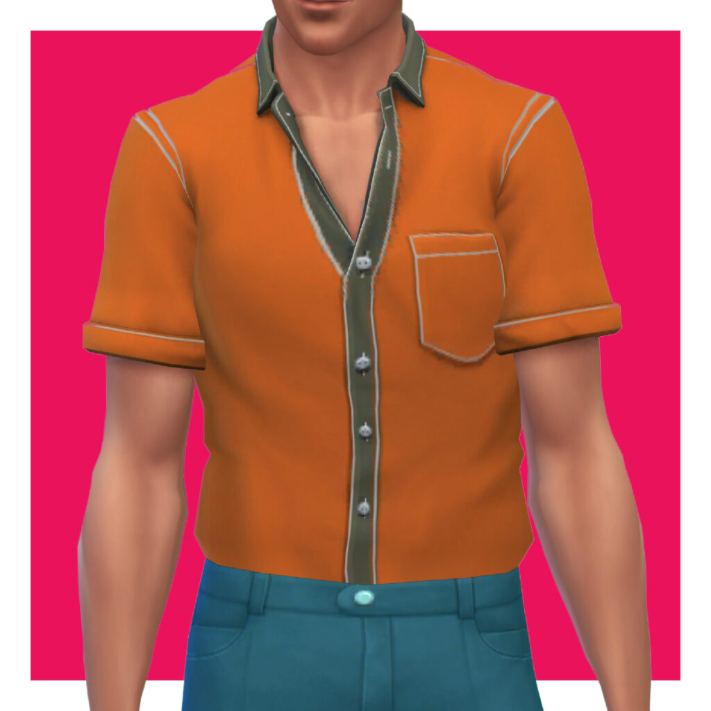 Un sim masculin de Les Sims 4 sur un fond rose. La tête de ce sim est coupée de l'image. Il porte un t-shirt orange boutonné avec une poche d'un côté de la poitrine et sa chemise a une garniture verte.