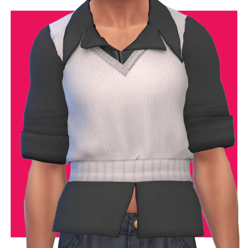 Un sim masculin des Sims 4 sur un fond rose. La tête du sim est coupée de l'image. Ce sim porte une chemise noire à manches longues boutonnée avec les manches retroussées, par-dessus ils ont un gilet crème court.