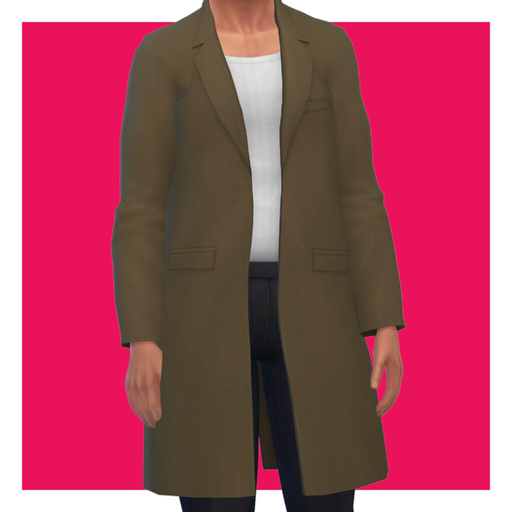 Un sim masculin des Sims 4 sur un fond rose. La tête du sim est coupée de l'image. Le sim porte un t-shirt blanc avec un long manteau par-dessus.