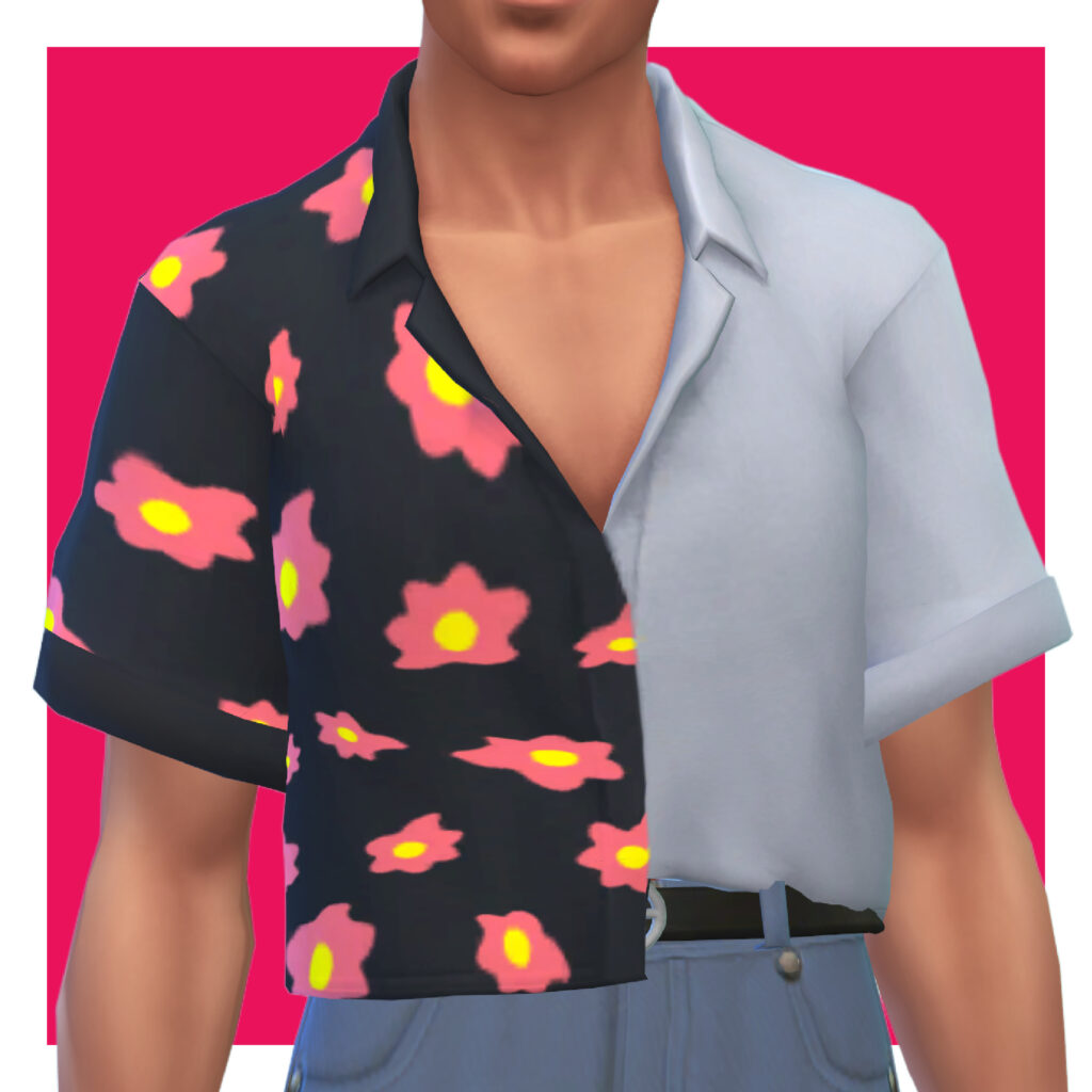 Un sim masculin de Les Sims 4 sur un fond rose. La tête du sim a été coupée de l'image. Ce sim porte un t-shirt à col où un côté est blanc uni et l'autre côté est fleuri en noir et rose.