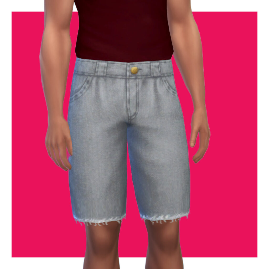 Un sim masculin de Les Sims 4 sur un fond rose. La tête de ce sim est coupée de l'image. Ce sim porte une paire de shorts en jean effiloché en tant que vêtements CC Sims 4.