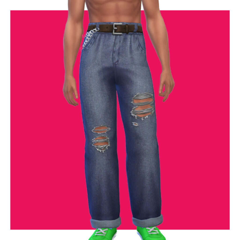 Un sim masculin des Sims 4 sur un fond rose. La tête de ce sim est coupée de l'image. Ce sim est torse nu avec une paire de jeans en denim déchirés.