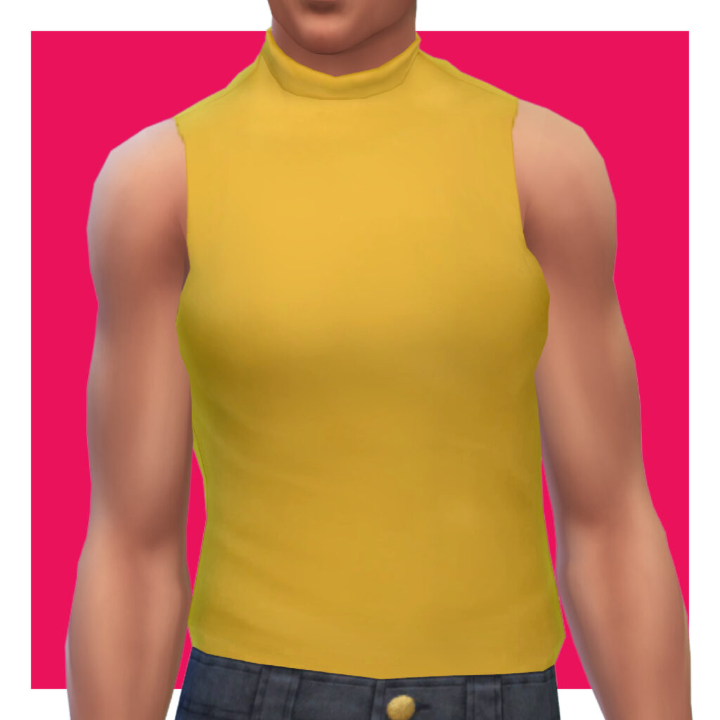 Un sim masculin des Sims 4 sur un fond rose. La tête de ce sim est coupée de l'image. Ce sim porte un débardeur sans manches à col montant.