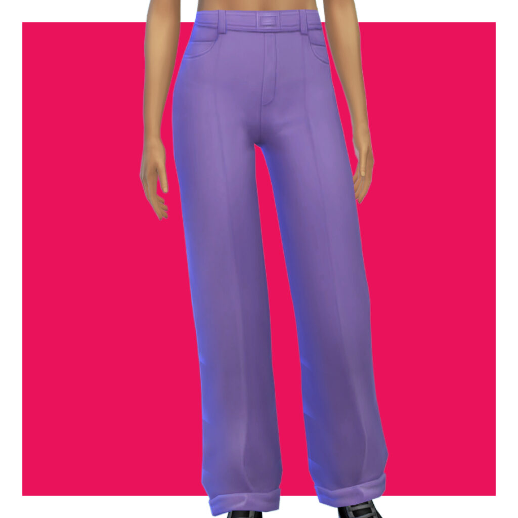 Un Sim sur un fond rose portant un pantalon large violet.