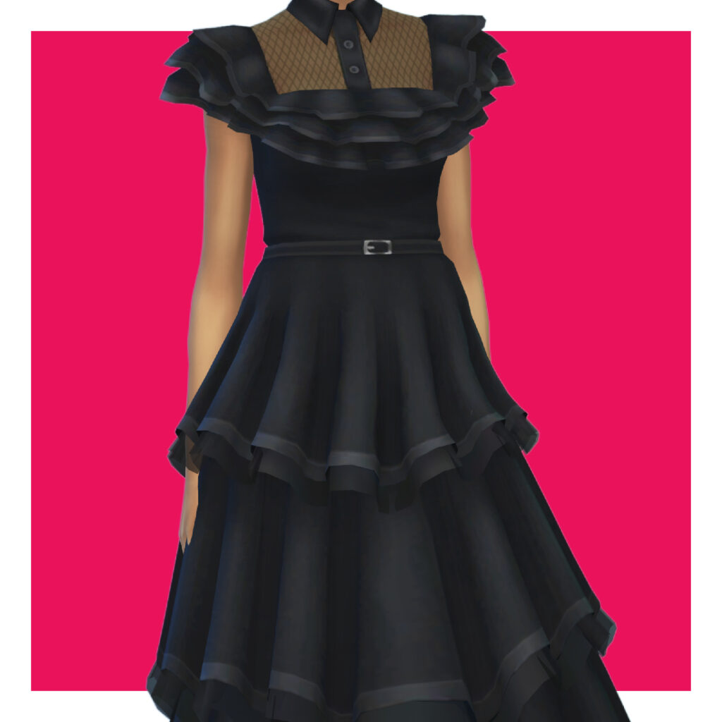 Un sim sur un fond rose portant la robe que Mercredi Addams portait dans la scène de danse de la série Netflix.