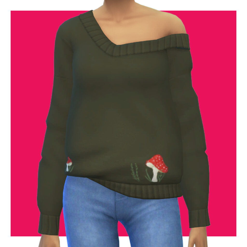 Un sim sur un fond rose portant un jean et un pull vert avec un champignon dans le coin inférieur.