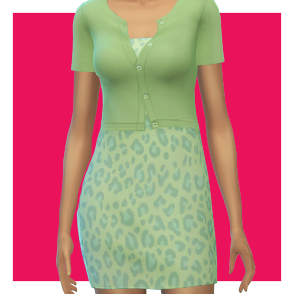 Un sim sur un fond rose portant une robe imprimée léopard verte sous un cardigan en t-shirt.