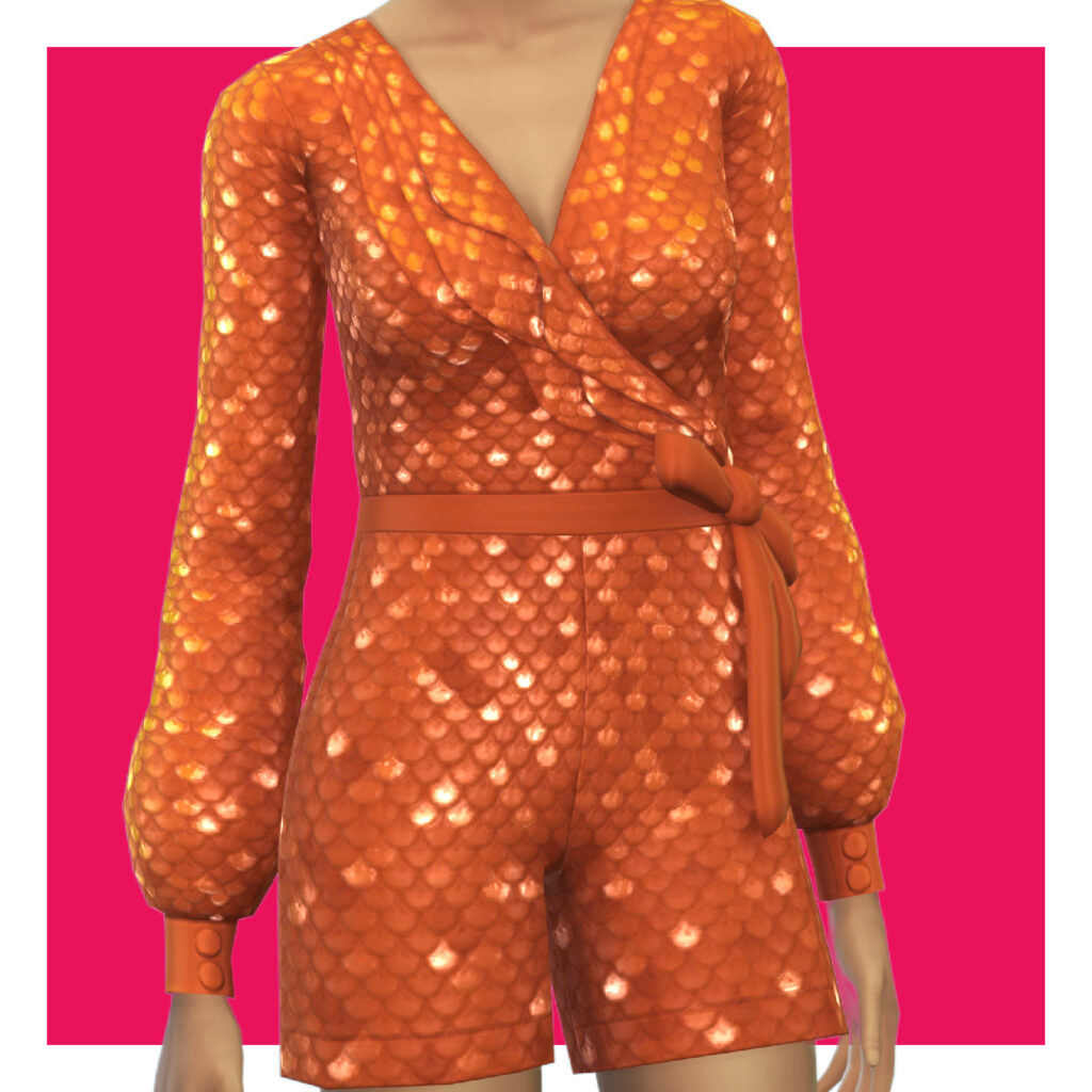 Un sim sur un fond rose portant une combinaison short orange recouverte de paillettes sequins.