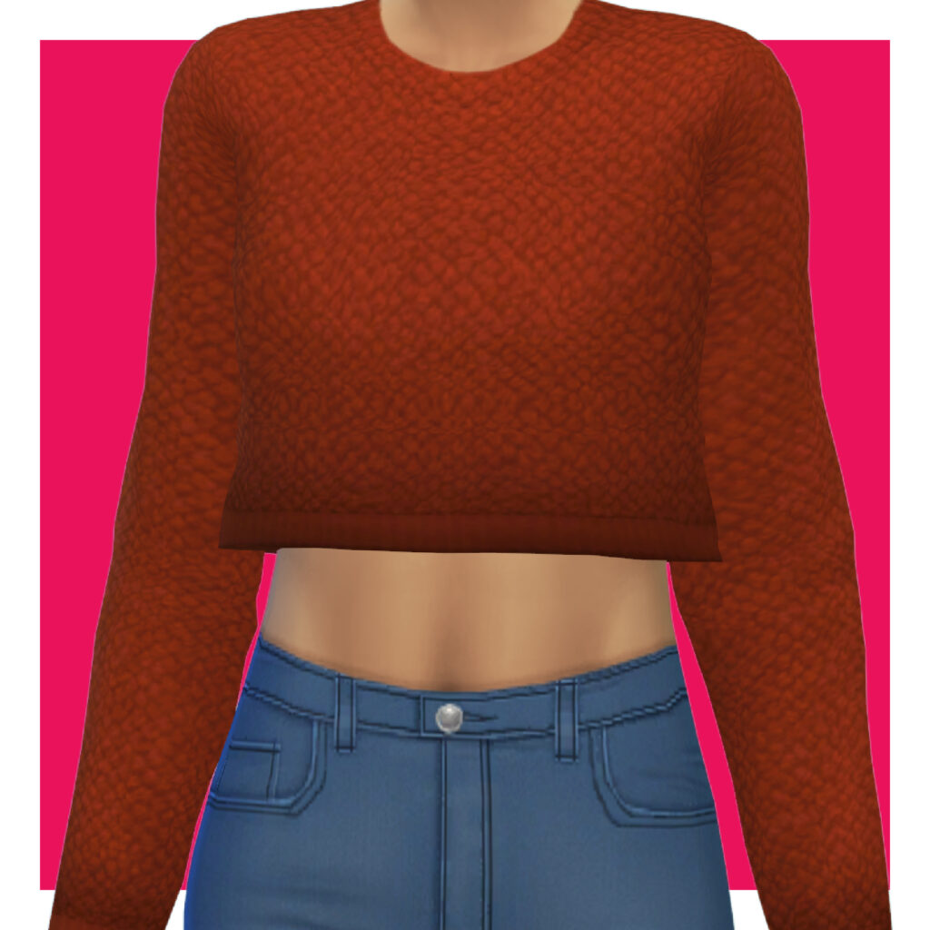 Un sim sur un fond rose portant un jean bleu foncé et un pull orange tricoté et court.