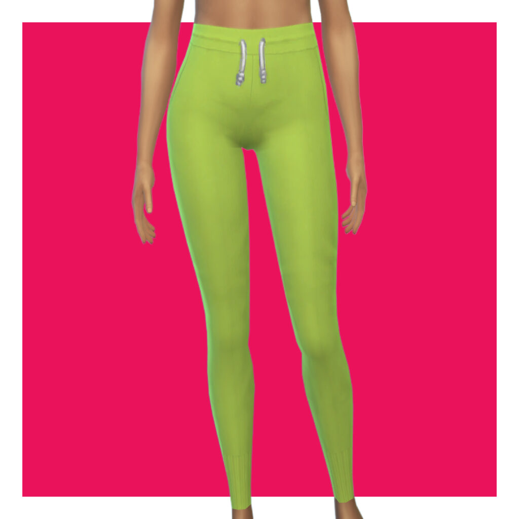 Un sim sur un fond rose portant un sweatpant vert vif.