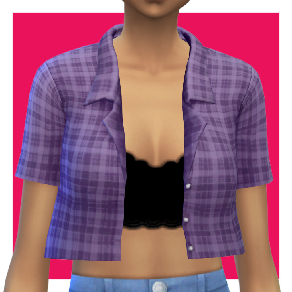 Un sim sur un fond rose portant une brassière en dentelle noire sous une chemise à carreaux violette, raccourcie et ouverte.