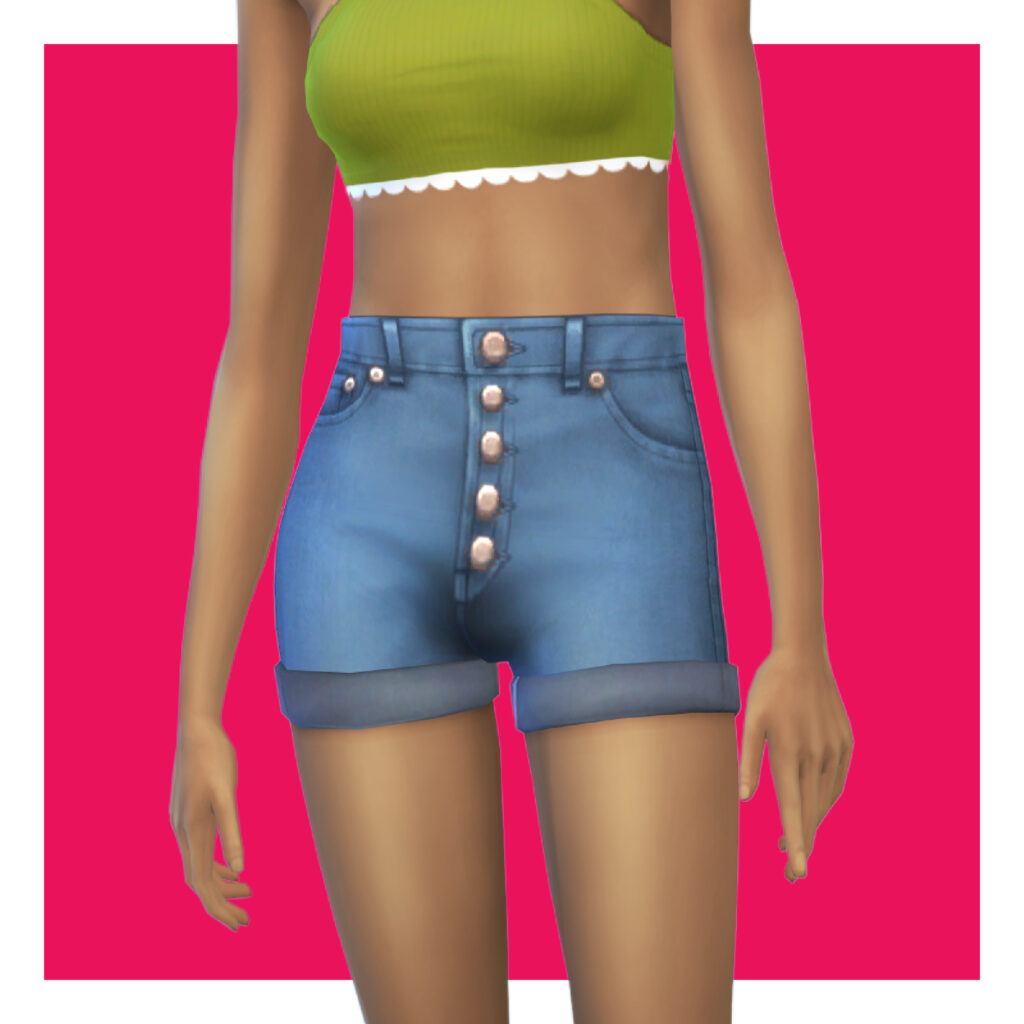 Un sim sur un fond rose portant un débardeur vert court et un short en jean avec cinq boutons.