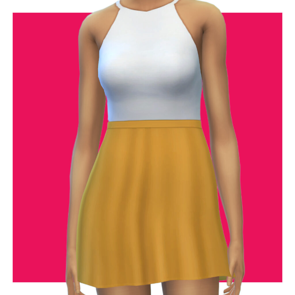 Un sim sur un fond rose portant une robe avec un haut à col montant en blanc et une jupe jaune.