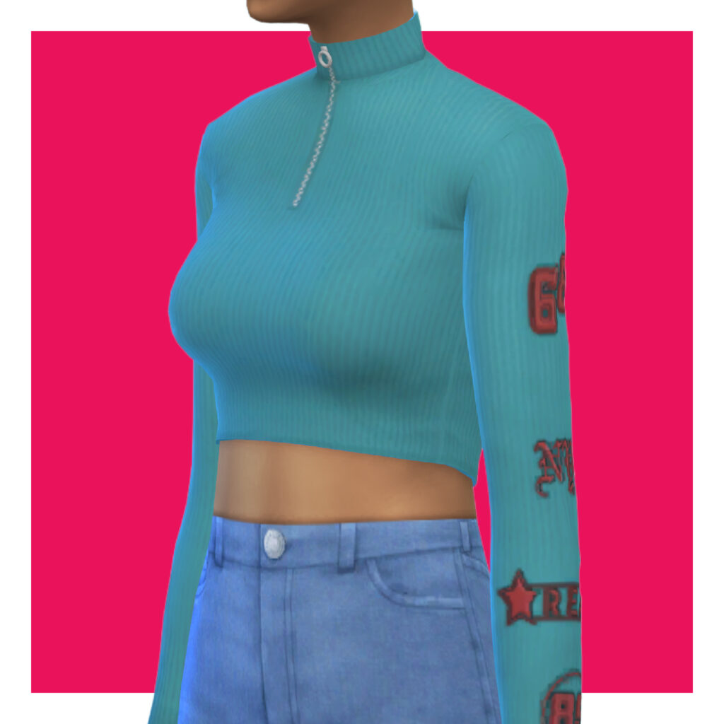 Un sim sur un fond rose portant un jean bleu et un sweat-shirt bleu à manches longues avec des motifs sur le bras.