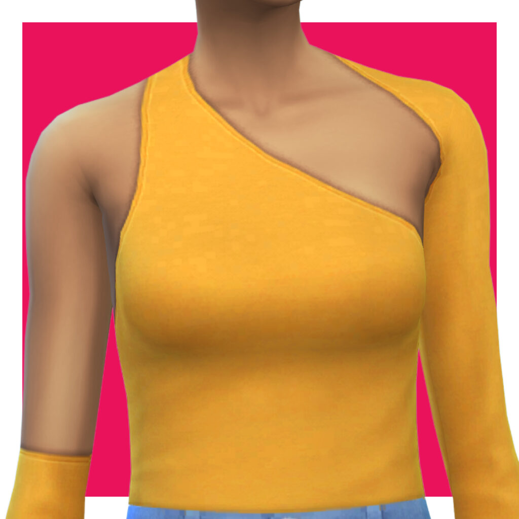 Un sim sur un fond rose portant une combinaison jaune avec des découpes au niveau des bras.