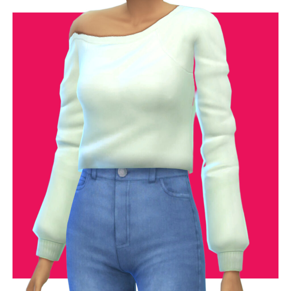Un sim sur un fond rose portant un jean bleu avec un pull blanc à épaules dénudées avec des manches longues.