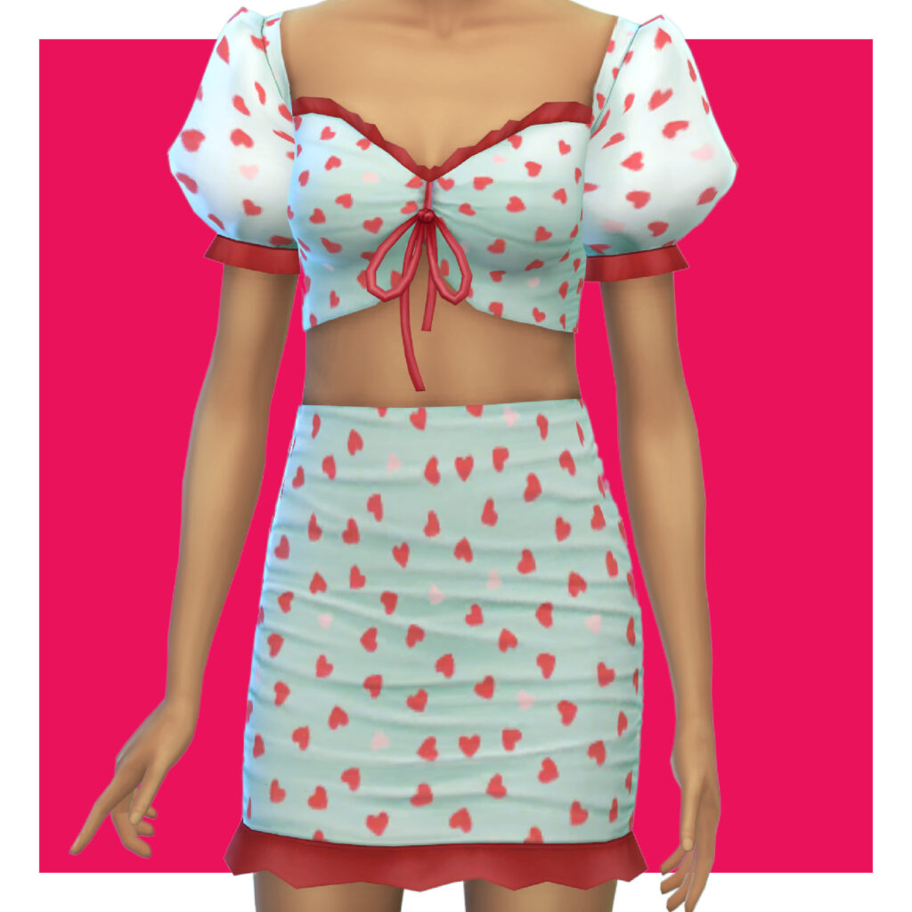 Un sim sur un fond rose portant un ensemble deux pièces avec un crop top et une jupe couverte de cœurs.
