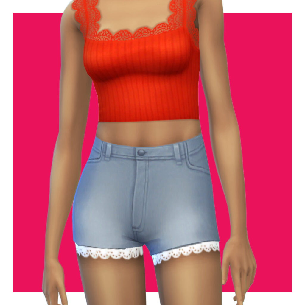 Un sim sur un fond rose portant un débardeur rouge à larges bretelles et des shorts avec une bordure blanche autour de l'ourlet.