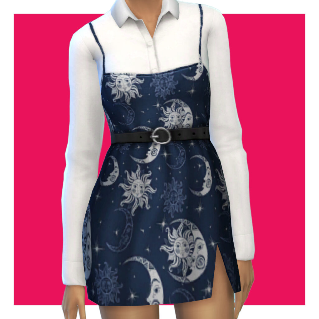 Un sim sur un fond rose portant une chemise boutonnée blanche sous une robe à bretelles couverte de soleils, de lunes et d'étoiles.