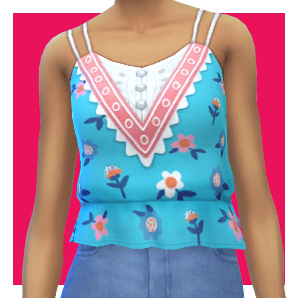 Un sim sur un fond rose portant un jean bleu et un réservoir avec deux petites bretelles blanches de chaque côté. Le réservoir a un motif floral