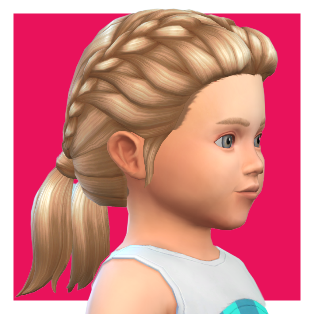 Un personnage des Sims 4 sur un fond rose vif. Ce sim a les cheveux blonds en tresses françaises et porte une robe blanche.