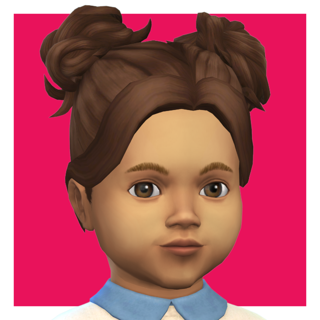 Un personnage de Les Sims 4 sur un fond rose vif. Ce sim porte un chemisier blanc avec un col peter pan bleu. Ses cheveux sont séparés au centre avec deux chignons spatiaux.