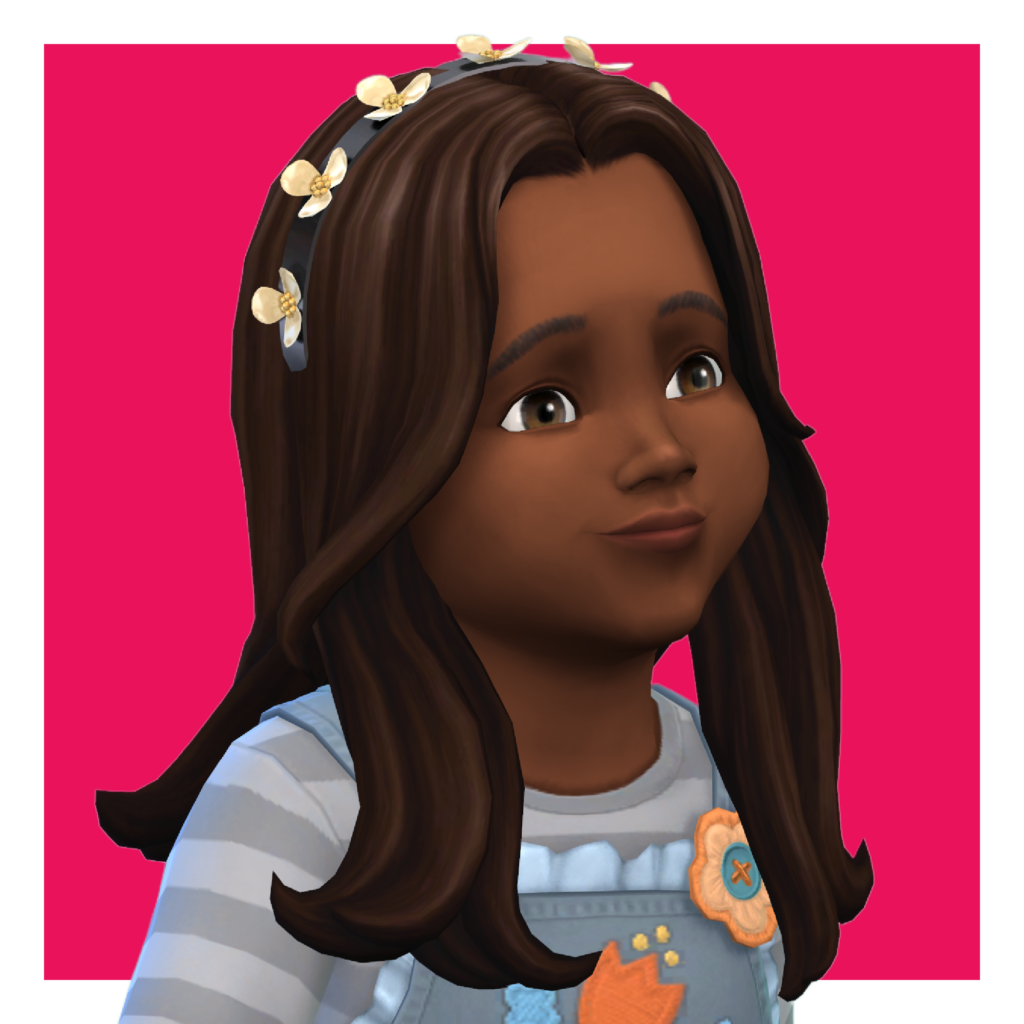 Un personnage de Les Sims 4 sur un fond rose vif. Ce bambin a les cheveux bruns foncés et porte un bandeau noir avec de petites fleurs en tant qu'option de modification capillaire.