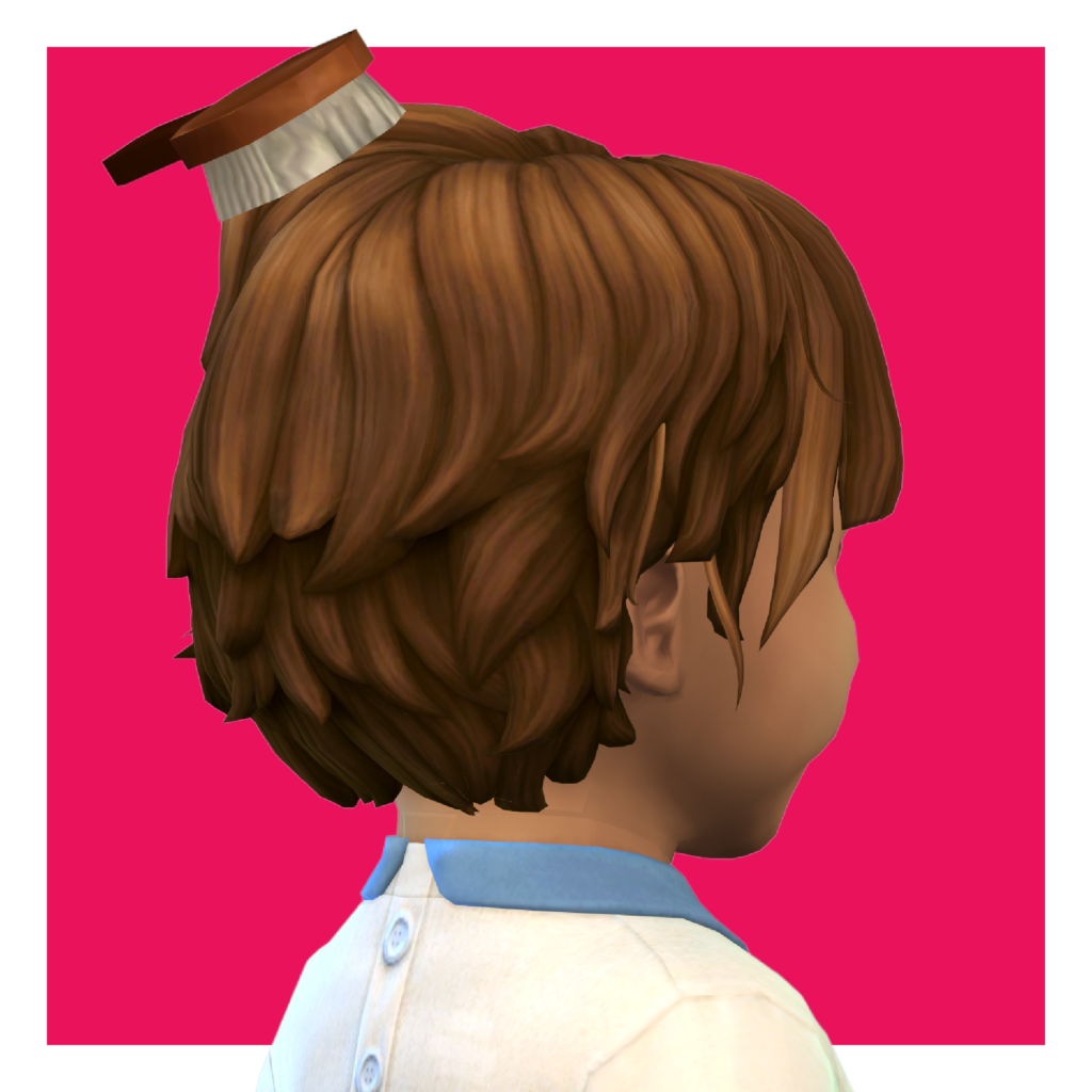 Un personnage de Les Sims 4 sur un fond rose vif. Ce sim regarde vers la droite et a une brosse à cheveux coincée dans ses cheveux en désordre.