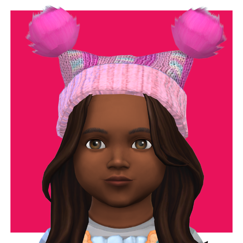 Un personnage de Les Sims 4 sur un fond rose vif. Pour les mods capillaires, ce sim porte un chapeau à pompons en tricot rose vif.