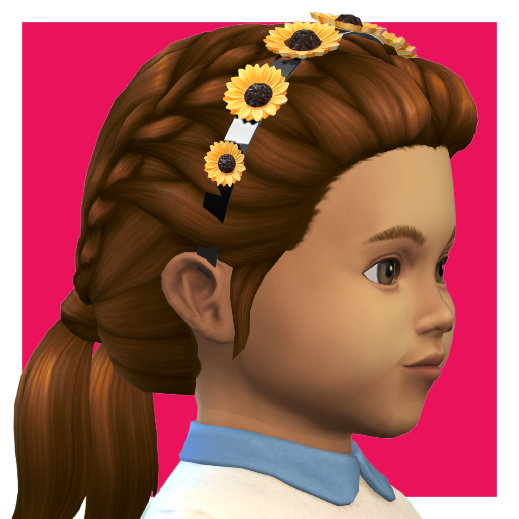 Un personnage des Sims 4 sur un fond rose vif. Ce sim regarde vers la droite avec ses cheveux en deux tresses et un bandeau tournesol dans les cheveux.