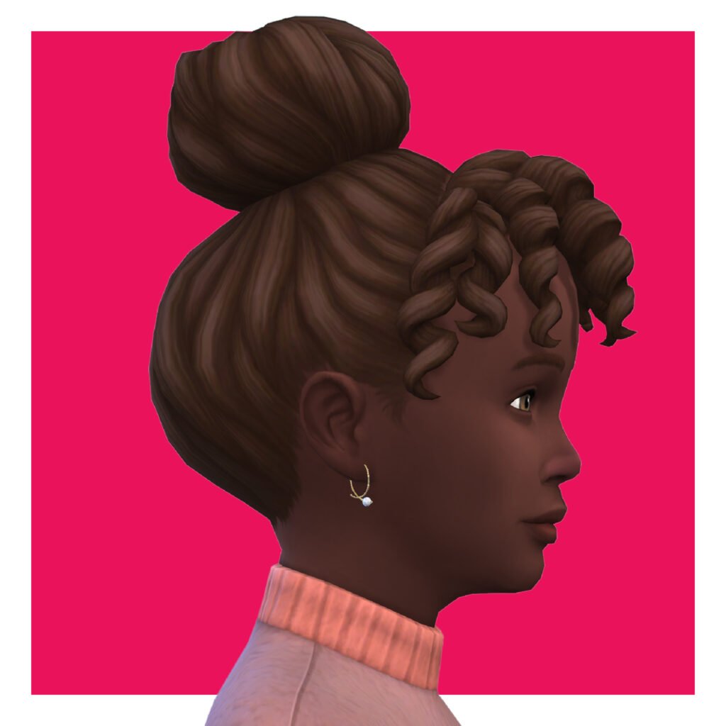Un sim qui regarde vers la droite et porte un pull rose. Il porte une boucle d'oreille qui n'est pas un cercle parfait avec une petite perle en bas.