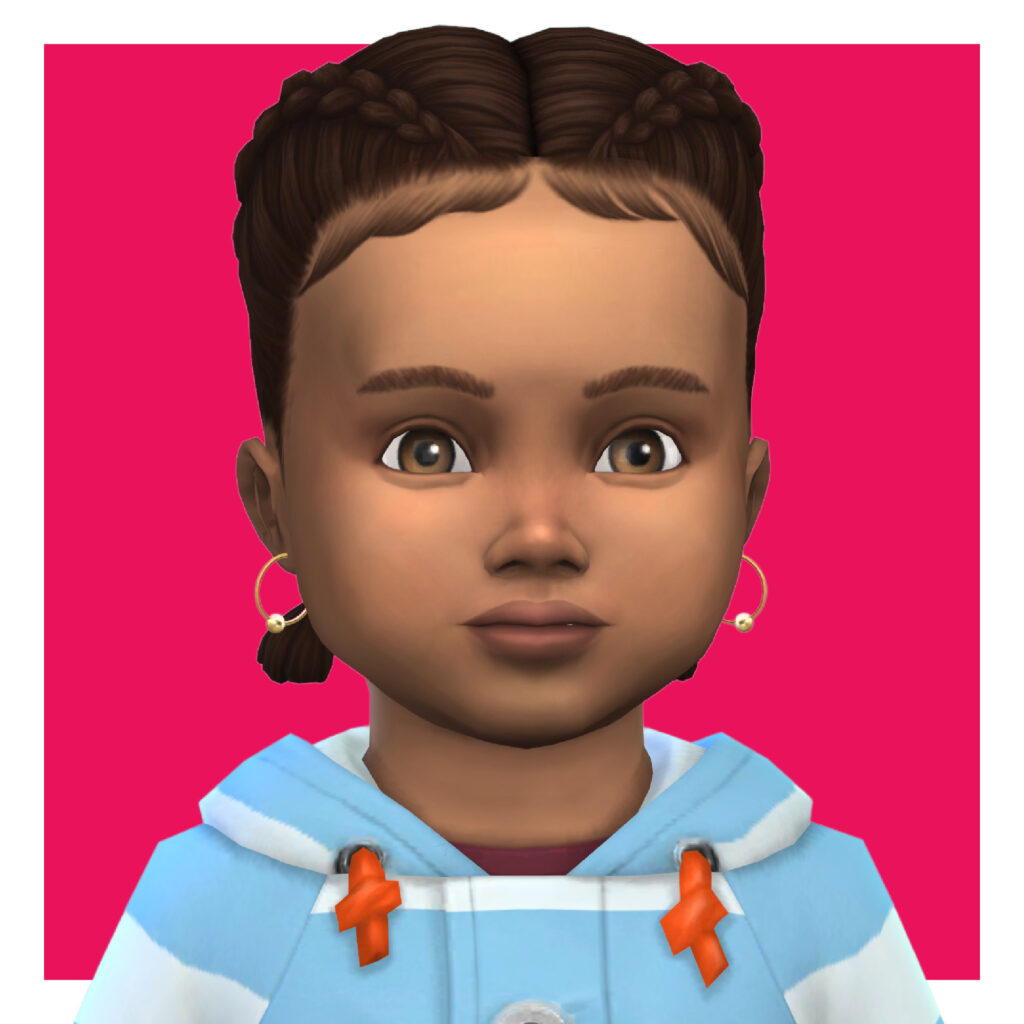 Un sim aux cheveux bruns et aux yeux bruns vous regarde droit dans les yeux. Il a les cheveux tressés et porte une veste rayée avec des boucles d'oreilles Sims 4 CC dorées avec une petite boule en bas.