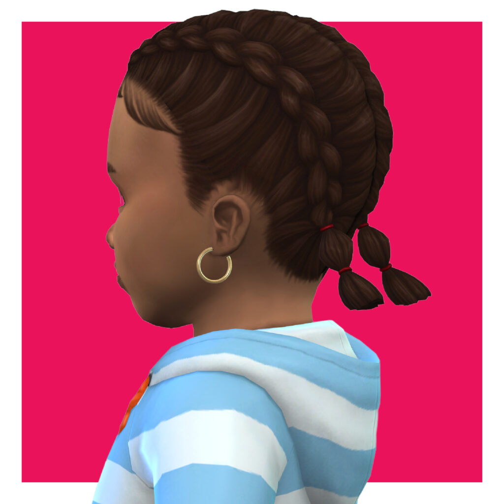 Un sim tourné complètement vers la gauche où vous pouvez voir la majeure partie de l'arrière de sa tête. Il porte une veste et des boucles d'oreilles cerceau en or.