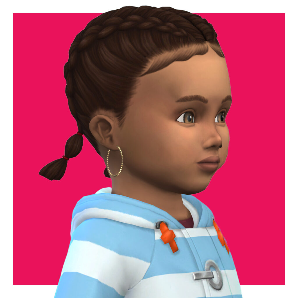 Une sim avec les yeux marron et les cheveux marron en deux tresses françaises. Elle porte une veste rayée et des boucles d'oreilles hoop en or sims 4 cc.