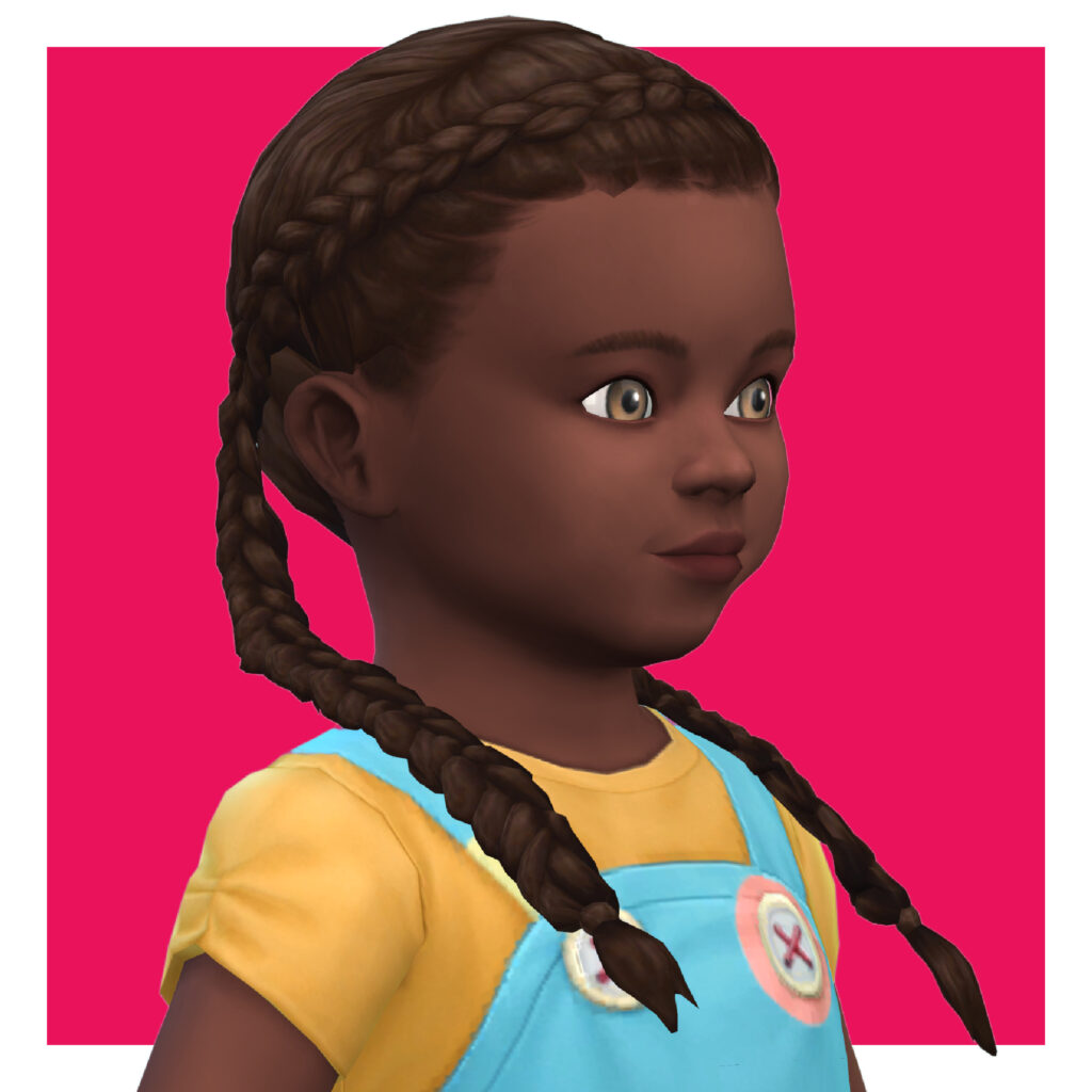Un enfant en bas âge dans Les Sims 4 sur un fond rose. Ce sim a deux tresses néerlandaises sur la tête et porte un t-shirt jaune avec une robe par-dessus.