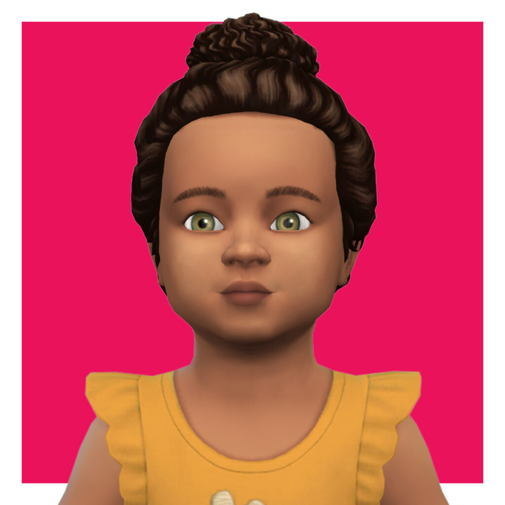 Un tout-petit dans Les Sims 4 sur un fond rose. Ce tout-petit a ses cheveux en chignon avec du volume et de la texture et porte un débardeur jaune avec des manches à volants.